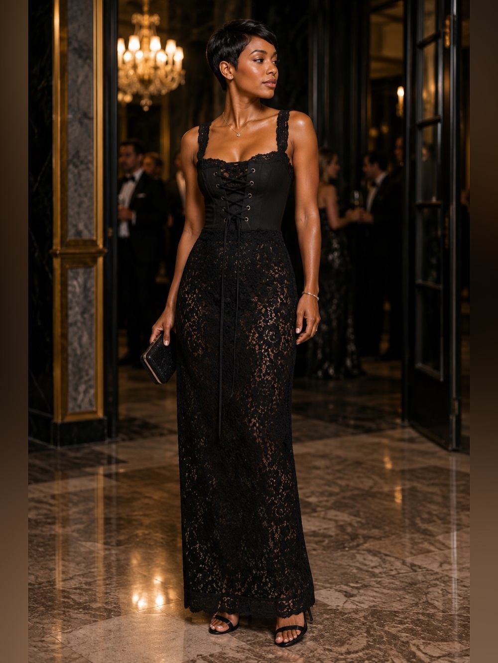 Black Lace Corset Midi Dress